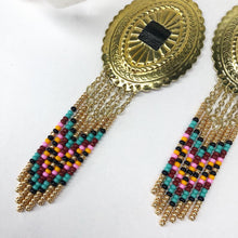 Load image into Gallery viewer, Large Gold Concho with dangly beading in turquoise, burgundy, light pink and deep yellow finished on fishhooks