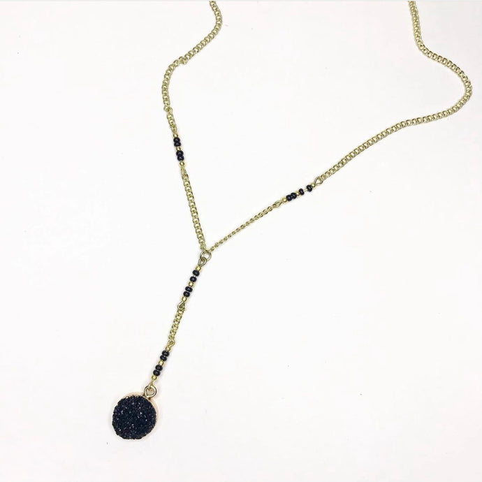 Small Round Black Faux Druzy Pendant on Gold chain with Black Beaded Accents