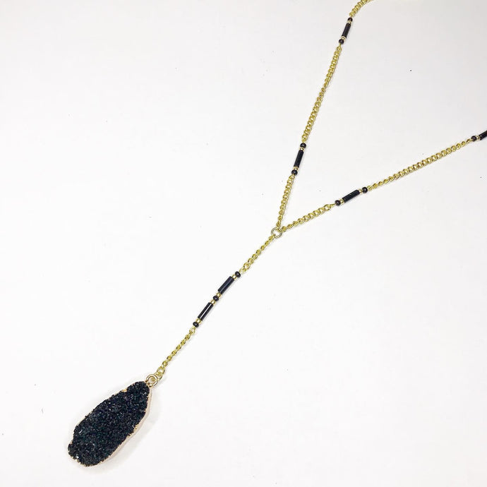Oblong Black Faux Druzy Pendant on Gold chain with Black Beaded Accents