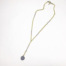 Load image into Gallery viewer, Grey Faux Druzy Pendant on Gold chain with smokey purple Beaded Accents