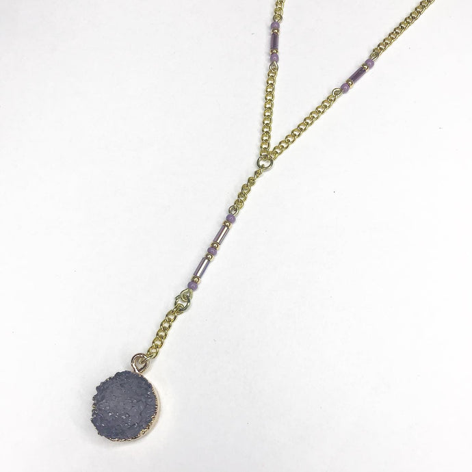 Grey Faux Druzy Pendant on Gold chain with smokey purple Beaded Accents