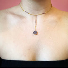 Load image into Gallery viewer, Grey Faux Druzy Pendant on Gold chain with smokey purple Beaded Accents