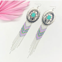 Load image into Gallery viewer, Large Silver Concho with dangly beading in lavender, pink, turquoise and green finished on fishhooks