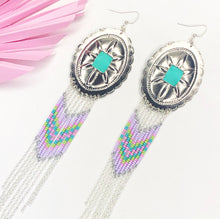 Load image into Gallery viewer, Large Silver Concho with dangly beading in lavender, pink, turquoise and green finished on fishhooks
