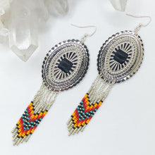 Load image into Gallery viewer, Large Silver Concho with dangly beading in golden yellow, orange, red and turquoise finished on fishhooks