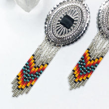 Load image into Gallery viewer, Large Silver Concho with dangly beading in golden yellow, orange, red and turquoise finished on fishhooks