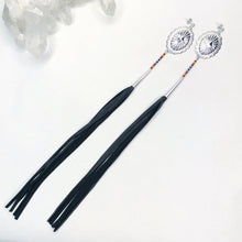 Load image into Gallery viewer, Silver Concho Earring with deep yellow, orange, red and turquoise beading attached to long black leather tassels on stud post