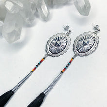 Load image into Gallery viewer, Silver Concho Earring with deep yellow, orange, red and turquoise beading attached to long black leather tassels on stud post