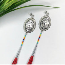 Load image into Gallery viewer, Silver Concho Earring with turquoise, yellow, red and blue beading attached to long red leather tassels on stud post