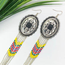 Load image into Gallery viewer, Large Silver Concho with dangly beading in yellow, turquoise, orange and magenta finished on fishhooks