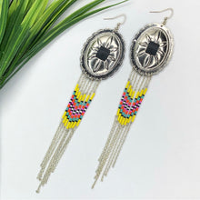 Load image into Gallery viewer, Large Silver Concho with dangly beading in yellow, turquoise, orange and magenta finished on fishhooks
