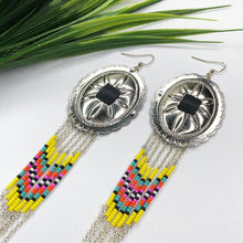 Load image into Gallery viewer, Large Silver Concho with dangly beading in yellow, turquoise, orange and magenta finished on fishhooks