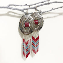 Load image into Gallery viewer, Large Silver Concho with dangly beading in dark red, dusty lavender and turquoise finished on fishhooks