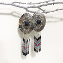 Load image into Gallery viewer, Large Silver Concho with dangly beading in black, dusty lavender, turquoise and deep red finished on fishhooks