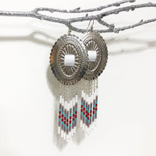 Load image into Gallery viewer, Large Silver Concho with dangly beading in white, dusty lavender, deep red and turquoise finished on fishhooks