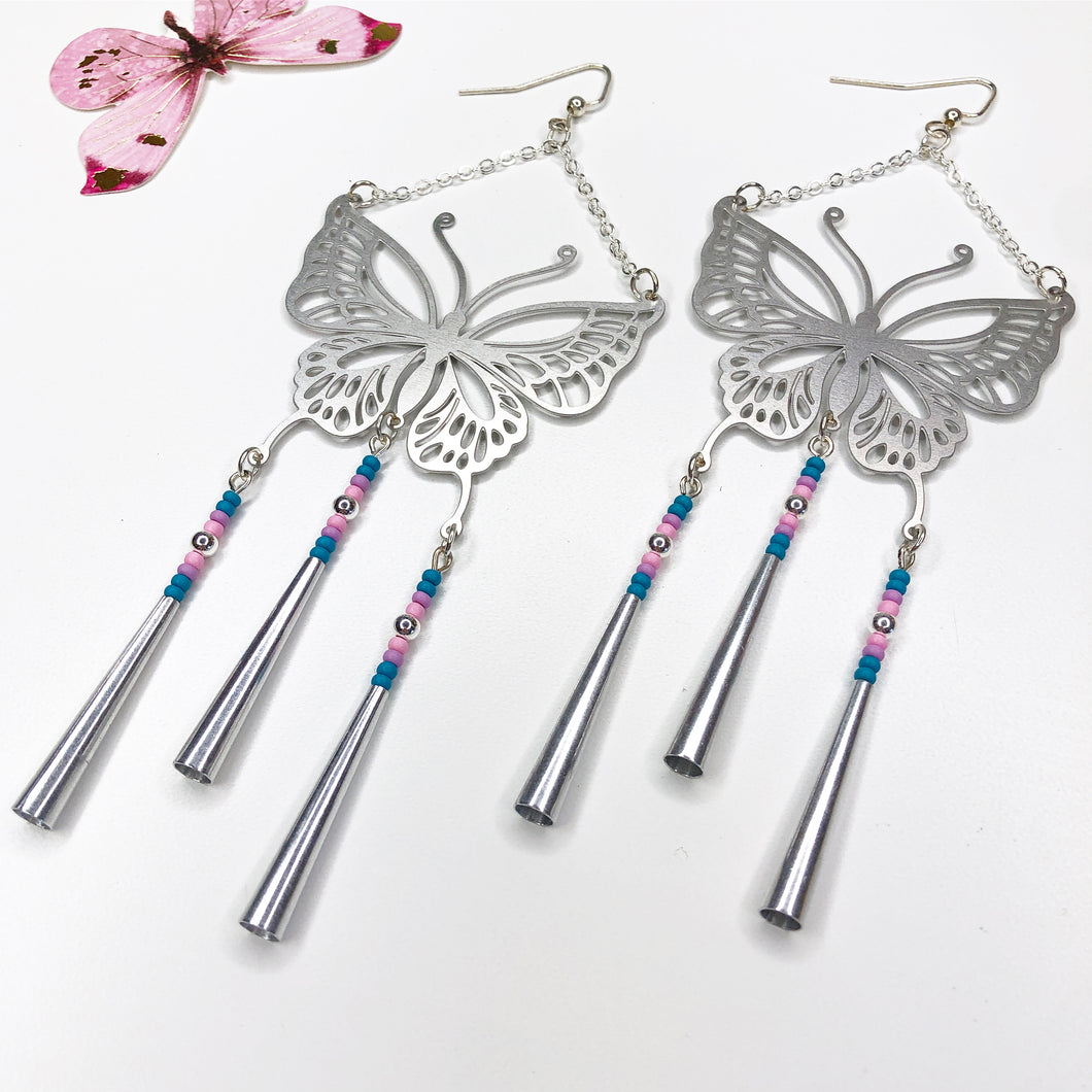 Spring Bloom - Butterfly Earrings - Silver/Teal/Pink