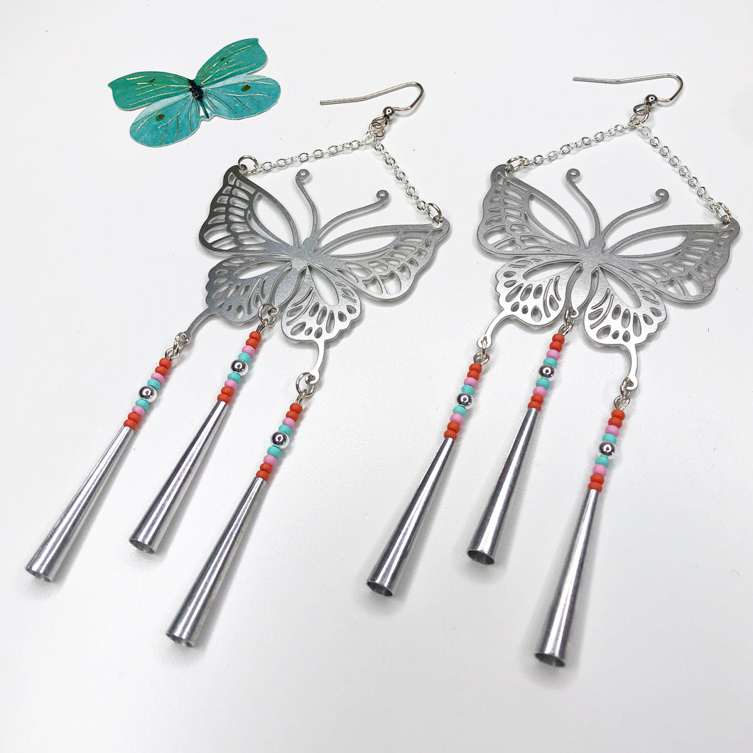 Spring Bloom - Butterfly Earrings - Silver/Orange/Mint