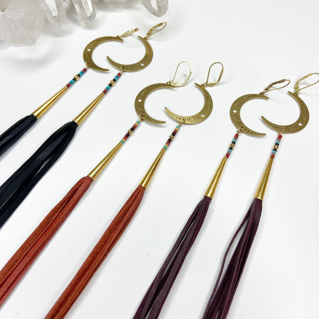 Autumn Crescent Moon Tassel Earrings