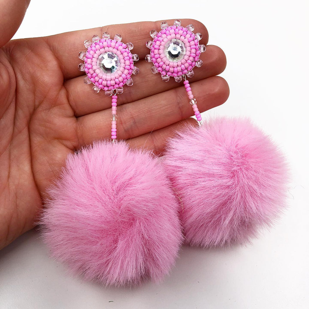 3 in 1 Pom Pom Earrings - Pink