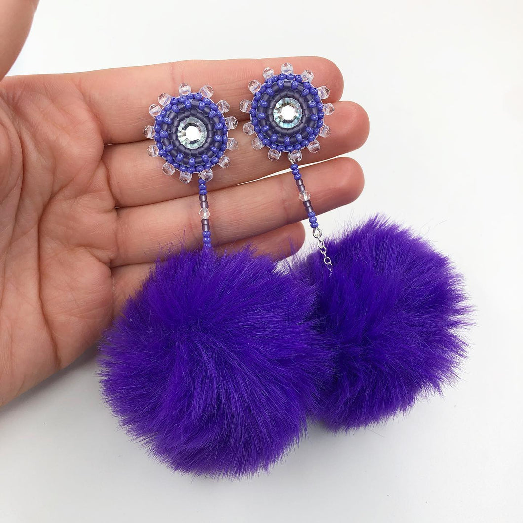 3 in 1 Pom Pom Earrings - Purple