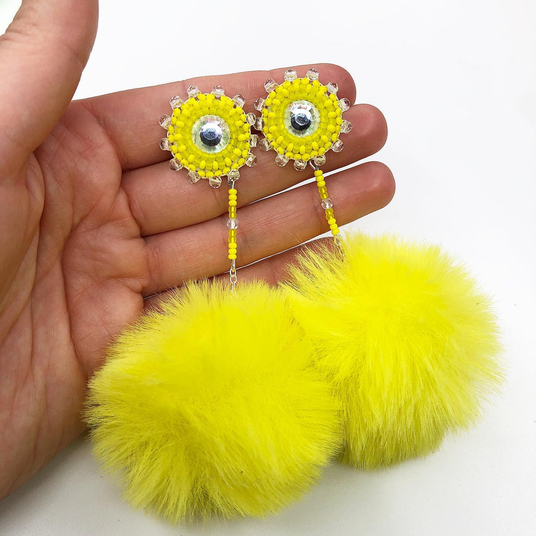 3 in 1 Pom Pom Earrings - Yellow
