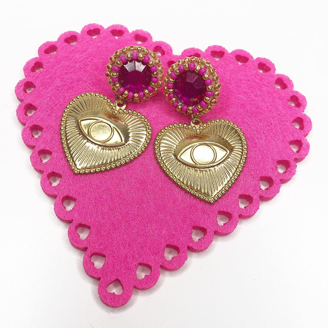 Valentines Heart Earrings - Pink Gem