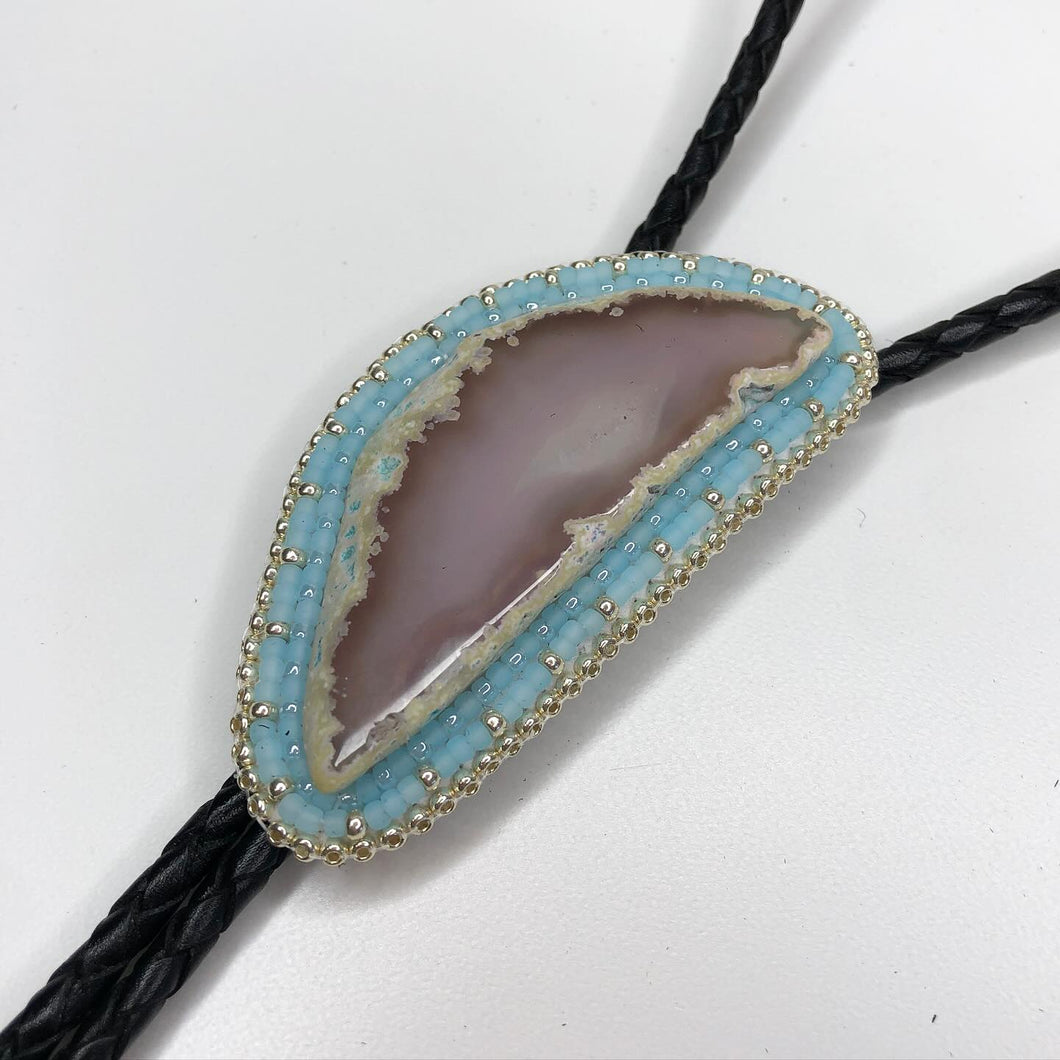 Soft Blue Beaded Agate Bolo Tie