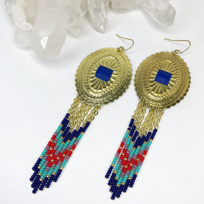 Large Gold Concho with dangly beading in navy, turquoise, red and dusty lavender finished on fishhooks