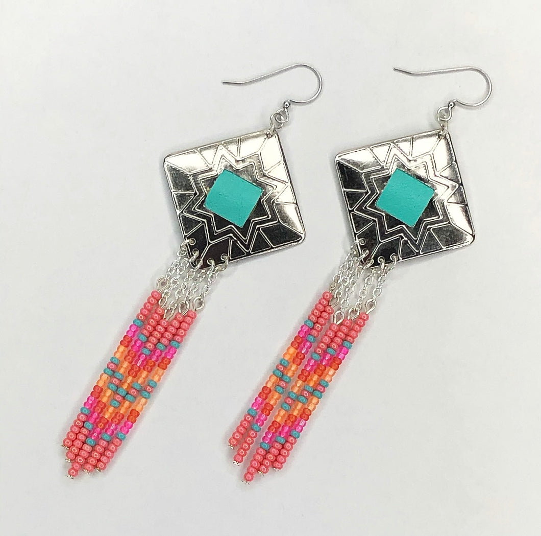 Diamond shaped silver concho with coral, hot pink, orange and turquoise dangling bead work on fishhooks