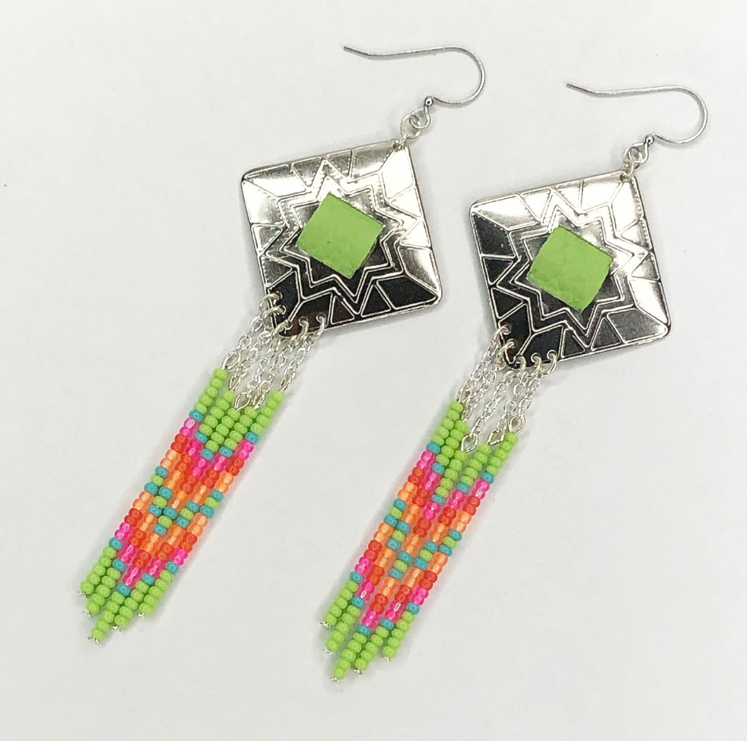 Diamond shaped silver concho with lime green, hot pink, coral and turquoise dangling bead work on fishhooks