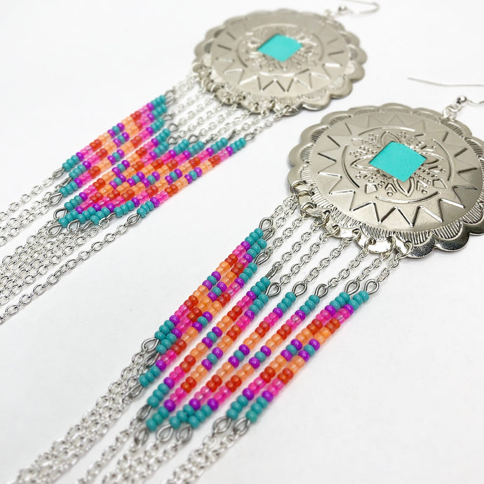 Large Silver Concho earrings with dangling beading in turquoise, hot pink, purple and orange with chain fringe