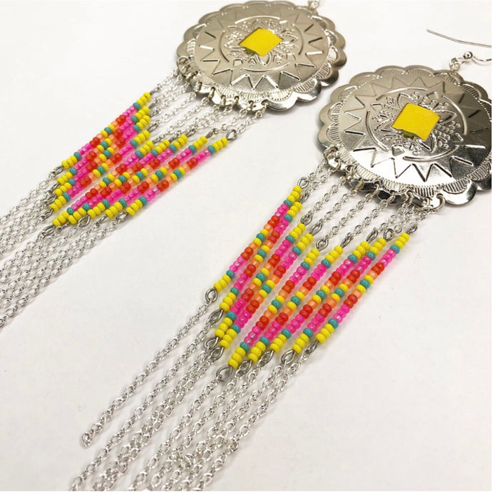 Large Silver Concho with dangly beading in yellow, hot pink, orange and turquoise finished on fishhooks