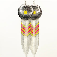 Load image into Gallery viewer, Large Silver Concho with dangly beading in yellow, hot pink, orange and turquoise finished on fishhooks
