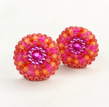 Load image into Gallery viewer, Small, round, beaded stud earrings in coral, hot pink and orange 
