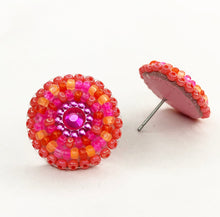 Load image into Gallery viewer, Small, round, beaded stud earrings in coral, hot pink and orange 
