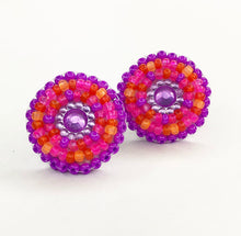 Load image into Gallery viewer, Small, round, beaded stud earrings in purple, coral, hot pink and orange 
