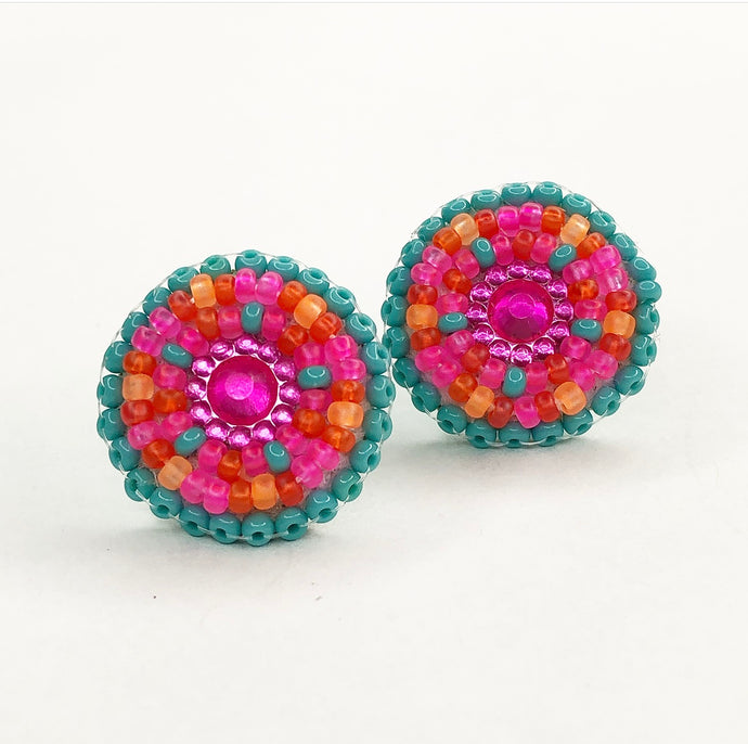 Small, round, beaded stud earrings in turquoise, hot pink, coral and orange 