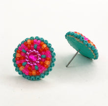 Load image into Gallery viewer, Small, round, beaded stud earrings in turquoise, hot pink, coral and orange 
