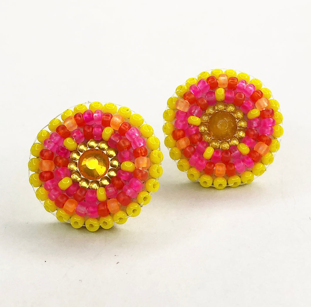 Small, round, beaded stud earrings in yellow, coral, hot pink and orange 