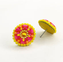 Load image into Gallery viewer, Small, round, beaded stud earrings in yellow, coral, hot pink and orange 
