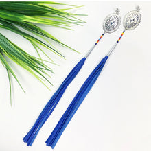 Load image into Gallery viewer, Silver Concho Earring with blue, red, orange and yellow beading attached to long blue leather tassels on stud post
