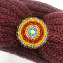 Load image into Gallery viewer, Burgundy knit winter headband with beaded medallion
