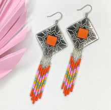 Load image into Gallery viewer, Diamond shaped silver concho with orange, pink, turquoise and yellow dangling bead work on fishhooks
