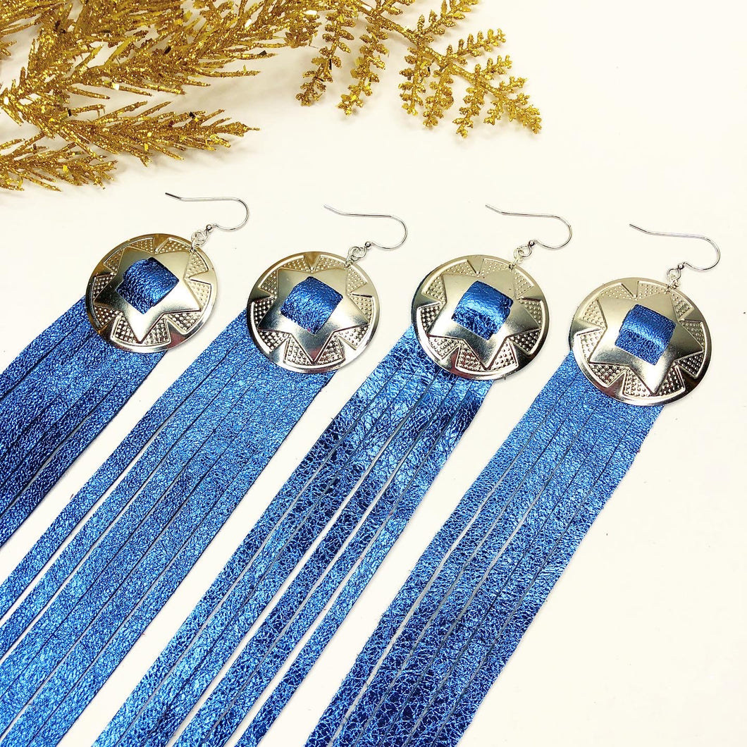 Disco Fringe Leather Earrings - Metallic Blue