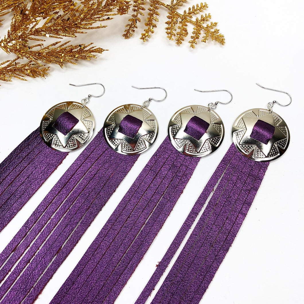 Disco Fringe Leather Earrings - Metallic Purple