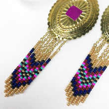 Load image into Gallery viewer, Large Gold Concho with dangly beading in navy, burgundy, magenta attached and light blue finished on fishhooks
