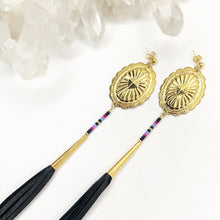Load image into Gallery viewer, Gold Concho Earring with navy, burgundy, magenta and light blue beading and long black leather tassels on stud post
