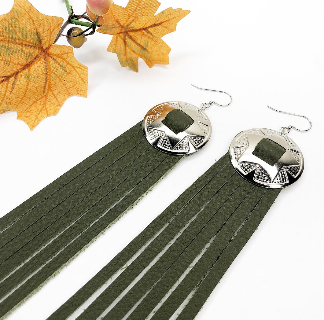 Fall Fringe Leather Earrings - Backwoods Green