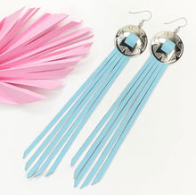 Load image into Gallery viewer, Silver Concho earrings with Pastel, baby blue, leather fringe on fish hooks

