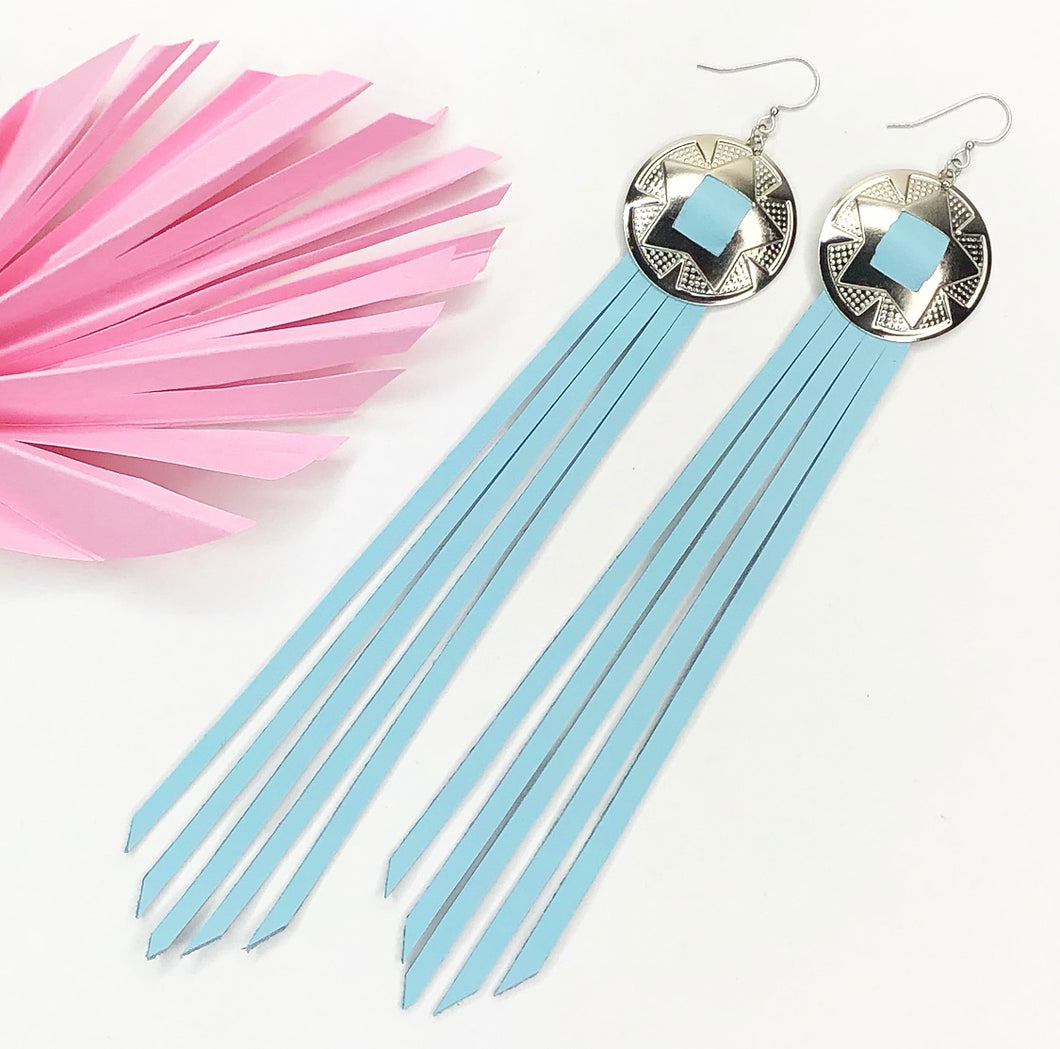 Silver Concho earrings with Pastel, baby blue, leather fringe on fish hooks